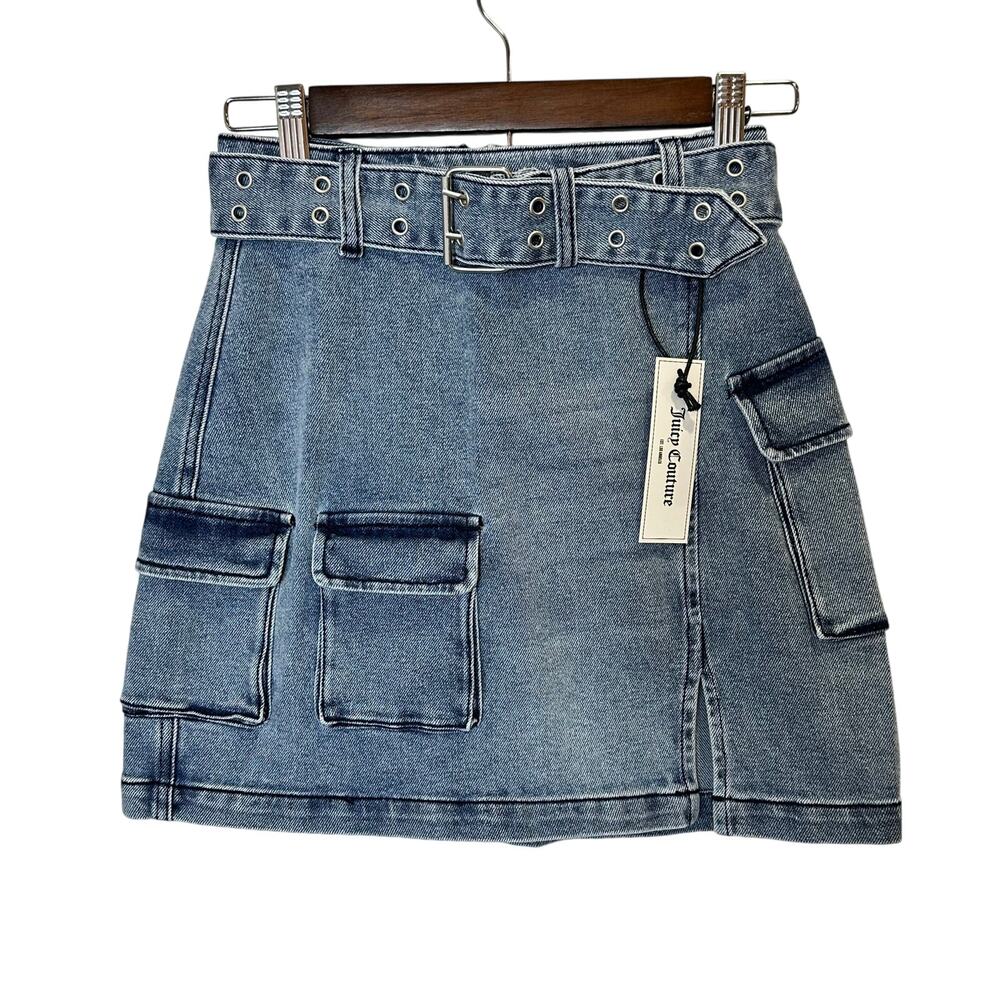 Juicy‎ Couture Denim Mini Skirt 24 Blue Cargo Belted Y2K Trashy Chic Streetwear